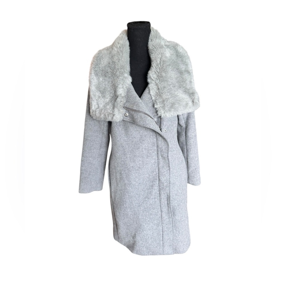 Club Monaco Wool Blend Coat w/ Faux Fur Collar Gray Longline Jacket L